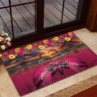 Hawaiian Turtle Love Couple Rubber Doormat Ocean Serenade - Honu Honi Ihu with Hibiscus and Romantic Sunset Pink Color