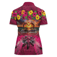 Hawaiian Turtle Love Couple Women Polo Shirt Ocean Serenade - Honu Honi Ihu with Hibiscus and Romantic Sunset Pink Color