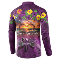 Hawaiian Turtle Love Couple Button Sweatshirt Ocean Serenade - Honu Honi Ihu with Hibiscus and Romantic Sunset Purple Color