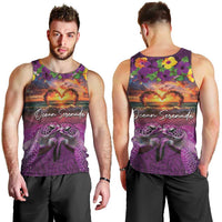 Hawaiian Turtle Love Couple Men Tank Top Ocean Serenade - Honu Honi Ihu with Hibiscus and Romantic Sunset Purple Color