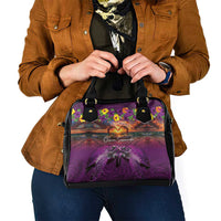Hawaiian Turtle Love Couple Shoulder Handbag Ocean Serenade - Honu Honi Ihu with Hibiscus and Romantic Sunset Purple Color