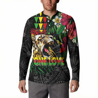 Hawaiian One Love Button Sweatshirt Reggae Lion Tropical Plants and Kakau with Tribal Pattern
