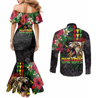 Hawaiian One Love Couples Matching Mermaid Dress and Long Sleeve Button Shirt Reggae Lion Tropical Plants and Kakau with Tribal Pattern