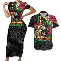 Hawaiian One Love Couples Matching Short Sleeve Bodycon Dress and Hawaiian Shirt Reggae Lion Tropical Plants and Kakau with Tribal Pattern