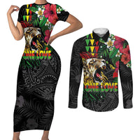 Hawaiian One Love Couples Matching Short Sleeve Bodycon Dress and Long Sleeve Button Shirt Reggae Lion Tropical Plants and Kakau with Tribal Pattern