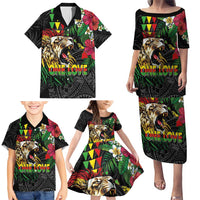 Hawaiian One Love Family Matching Puletasi and Hawaiian Shirt Reggae Lion Tropical Plants and Kakau with Tribal Pattern