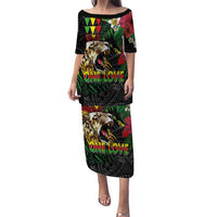 Hawaiian One Love Family Matching Puletasi and Hawaiian Shirt Reggae Lion Tropical Plants and Kakau with Tribal Pattern