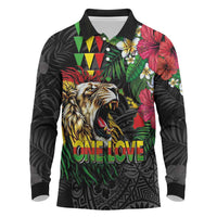 Hawaiian One Love Long Sleeve Polo Shirt Reggae Lion Tropical Plants and Kakau with Tribal Pattern