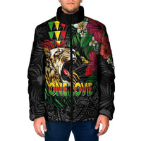 Hawaiian One Love Padded Jacket Reggae Lion Tropical Plants and Kakau with Tribal Pattern LT03 Men Black - Polynesian Pride