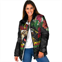 Hawaiian One Love Padded Jacket Reggae Lion Tropical Plants and Kakau with Tribal Pattern LT03 Women Black - Polynesian Pride