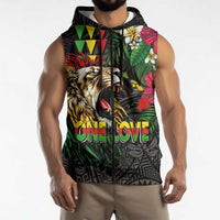 Hawaiian One Love Sleeveless Zip Hoodie Reggae Lion Tropical Plants and Kakau with Tribal Pattern