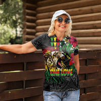 Hawaiian One Love Women Polo Shirt Reggae Lion Tropical Plants and Kakau with Tribal Pattern LT03 - Polynesian Pride