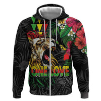 Hawaiian One Love Zip Hoodie Reggae Lion Tropical Plants and Kakau with Tribal Pattern LT03 Zip Hoodie Black - Polynesian Pride