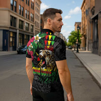 Hawaiian One Love Zipper Polo Shirt Reggae Lion Tropical Plants and Kakau with Tribal Pattern