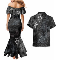Hawaiian Tropical Plants and Tribal Whales Couples Matching Mermaid Dress and Hawaiian Shirt Polynesian Art Tattoo Grayscale LT03 - Polynesian Pride