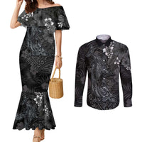 Hawaiian Tropical Plants and Tribal Whales Couples Matching Mermaid Dress and Long Sleeve Button Shirt Polynesian Art Tattoo Grayscale