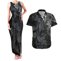 Hawaiian Tropical Plants and Tribal Whales Couples Matching Tank Maxi Dress and Hawaiian Shirt Polynesian Art Tattoo Grayscale