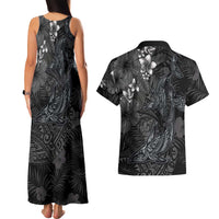 Hawaiian Tropical Plants and Tribal Whales Couples Matching Tank Maxi Dress and Hawaiian Shirt Polynesian Art Tattoo Grayscale
