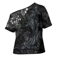 Hawaiian Tropical Plants and Tribal Whales Cross Shoulder Shirt Polynesian Art Tattoo Grayscale