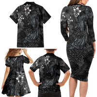 Hawaiian Tropical Plants and Tribal Whales Family Matching Long Sleeve Bodycon Dress and Hawaiian Shirt Polynesian Art Tattoo Grayscale