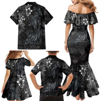 Hawaiian Tropical Plants and Tribal Whales Family Matching Mermaid Dress and Hawaiian Shirt Polynesian Art Tattoo Grayscale