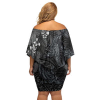 Hawaiian Tropical Plants and Tribal Whales Family Matching Off Shoulder Short Dress and Hawaiian Shirt Polynesian Art Tattoo Grayscale