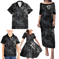 Hawaiian Tropical Plants and Tribal Whales Family Matching Puletasi and Hawaiian Shirt Polynesian Art Tattoo Grayscale