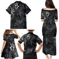 Hawaiian Tropical Plants and Tribal Whales Family Matching Puletasi and Hawaiian Shirt Polynesian Art Tattoo Grayscale