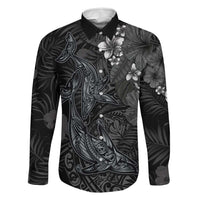 Hawaiian Tropical Plants and Tribal Whales Family Matching Short Sleeve Bodycon Dress and Hawaiian Shirt Polynesian Art Tattoo Grayscale LT03 Dad's Shirt - Long Sleeve Black - Polynesian Pride