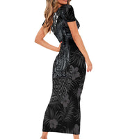 Hawaiian Tropical Plants and Tribal Whales Family Matching Short Sleeve Bodycon Dress and Hawaiian Shirt Polynesian Art Tattoo Grayscale LT03 - Polynesian Pride