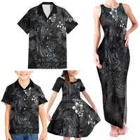 Hawaiian Tropical Plants and Tribal Whales Family Matching Tank Maxi Dress and Hawaiian Shirt Polynesian Art Tattoo Grayscale