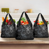 Hawaiian Tropical Plants and Tribal Whales Grocery Bag Polynesian Art Tattoo Grayscale