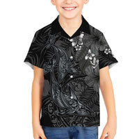 Hawaiian Tropical Plants and Tribal Whales Kid Hawaiian Shirt Polynesian Art Tattoo Grayscale LT03 Kid Black - Polynesian Pride