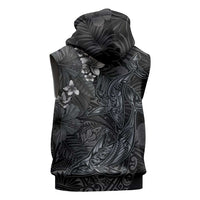 Hawaiian Tropical Plants and Tribal Whales Sleeveless Hoodie Polynesian Art Tattoo Grayscale LT03 - Polynesian Pride