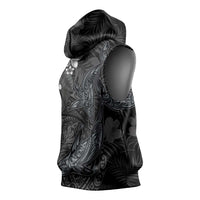 Hawaiian Tropical Plants and Tribal Whales Sleeveless Hoodie Polynesian Art Tattoo Grayscale LT03 - Polynesian Pride