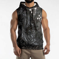 Hawaiian Tropical Plants and Tribal Whales Sleeveless Hoodie Polynesian Art Tattoo Grayscale LT03 - Polynesian Pride