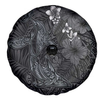 Hawaiian Tropical Plants and Tribal Whales Spare Tire Cover Polynesian Art Tattoo Grayscale