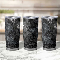 Hawaiian Tropical Plants and Tribal Whales Tumbler Cup Polynesian Art Tattoo Grayscale