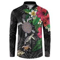 Hawaiian Tropical Plants and Turtles Button Sweatshirt Polynesian Art Motifs LT03 Black - Polynesian Pride
