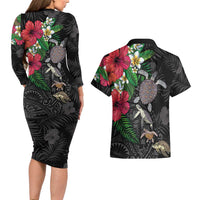 Hawaiian Tropical Plants and Turtles Couples Matching Long Sleeve Bodycon Dress and Hawaiian Shirt Polynesian Art Motifs