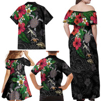 Hawaiian Tropical Plants and Turtles Family Matching Off Shoulder Maxi Dress and Hawaiian Shirt Polynesian Art Motifs