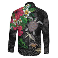 Hawaiian Tropical Plants and Turtles Family Matching Off Shoulder Maxi Dress and Hawaiian Shirt Polynesian Art Motifs