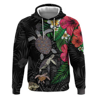 Hawaiian Tropical Plants and Turtles Hoodie Polynesian Art Motifs LT03 Pullover Hoodie Black - Polynesian Pride