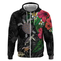 Hawaiian Tropical Plants and Turtles Hoodie Polynesian Art Motifs LT03 Zip Hoodie Black - Polynesian Pride