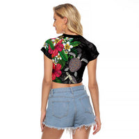 Hawaiian Tropical Plants and Turtles Raglan Cropped T Shirt Polynesian Art Motifs LT03 - Polynesian Pride