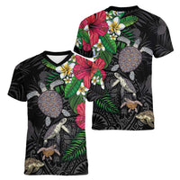 Hawaiian Tropical Plants and Turtles Women V-Neck T-Shirt Polynesian Art Motifs