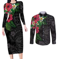 Hawaiian Tropical Plants Couples Matching Long Sleeve Bodycon Dress and Long Sleeve Button Shirt Kakau Tattoo and Polynesian Pattern Half Black Color LT03 Black - Polynesian Pride