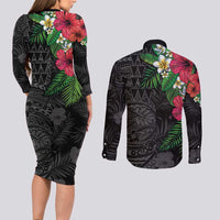 Hawaiian Tropical Plants Couples Matching Long Sleeve Bodycon Dress and Long Sleeve Button Shirt Kakau Tattoo and Polynesian Pattern Half Black Color LT03 - Polynesian Pride