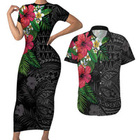 Hawaiian Tropical Plants Couples Matching Short Sleeve Bodycon Dress and Hawaiian Shirt Kakau Tattoo and Polynesian Pattern Half Black Color