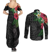 Hawaiian Tropical Plants Couples Matching Summer Maxi Dress and Long Sleeve Button Shirt Kakau Tattoo and Polynesian Pattern Half Black Color